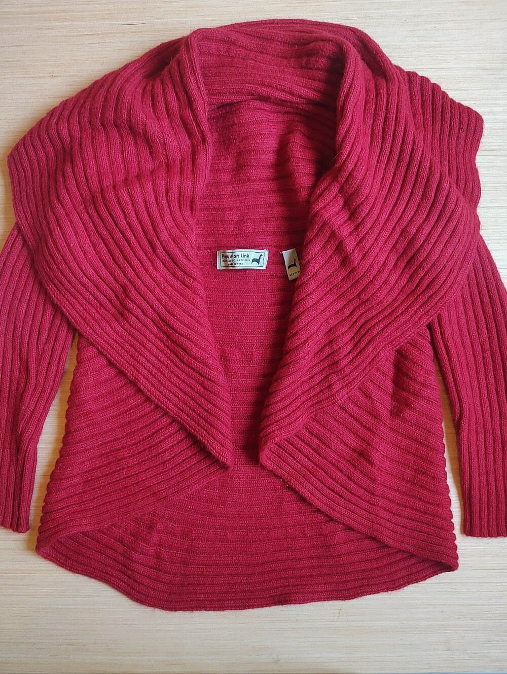 Peruvian Link 100% Alpaca Cardigan Red Burgundy Sweater Pullover Open Front Wrap